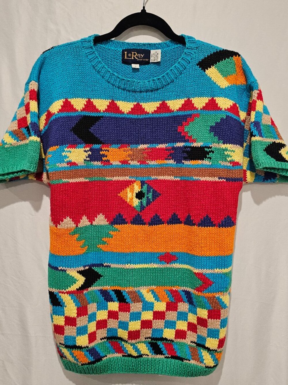 VTG 80s 90s LeROY Knitwear Geometric Short Sleeve Sweater Size S Ramie Cotton